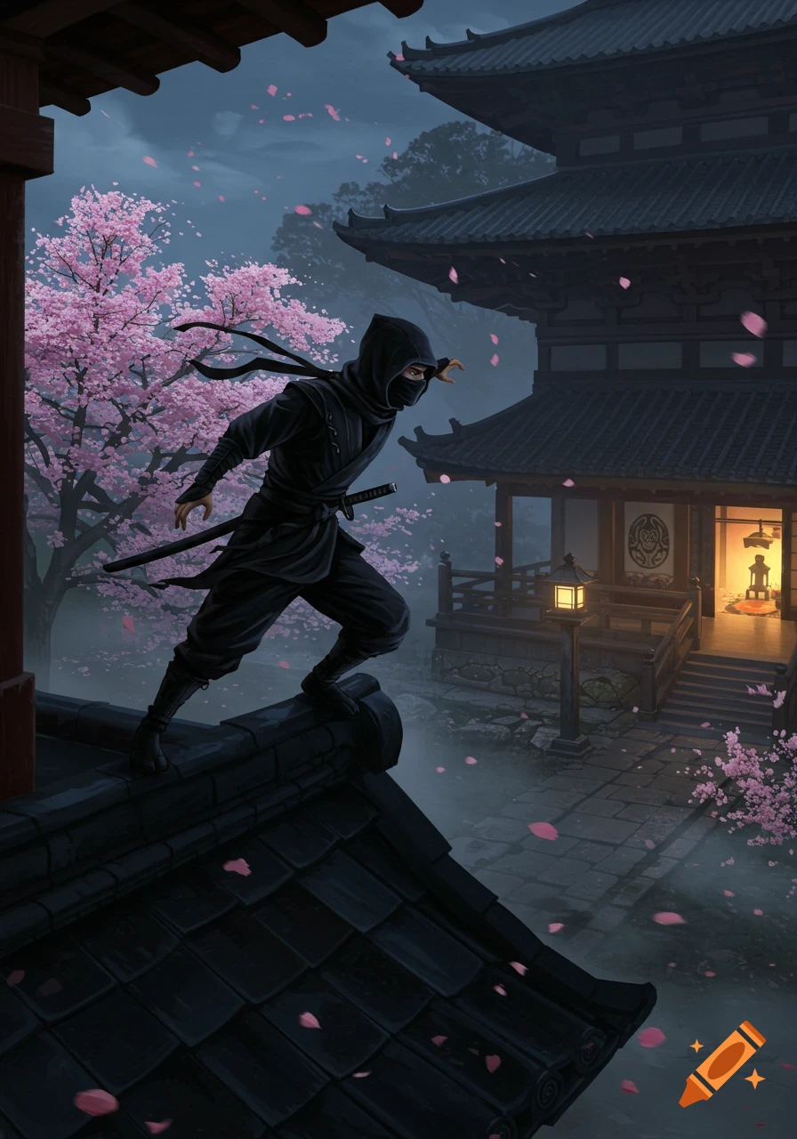 A black-clad ninja crouches stealthily on a dark temple rooftop under falling pink cherry blossoms at night.