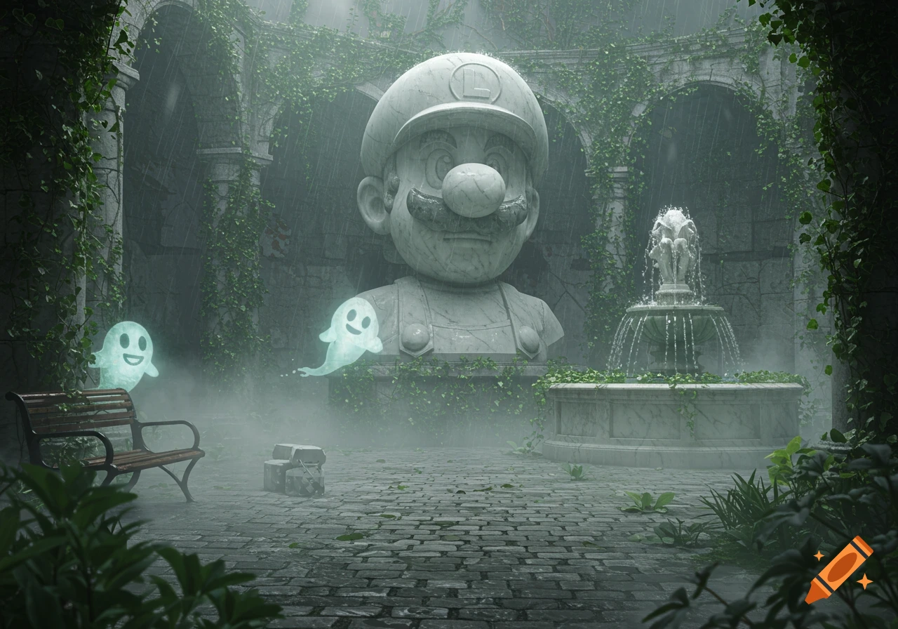 A large stone bust of Mario in a ruined, vine-covered courtyard, with a fountain, two smiling Boo ghosts, and falling rain.