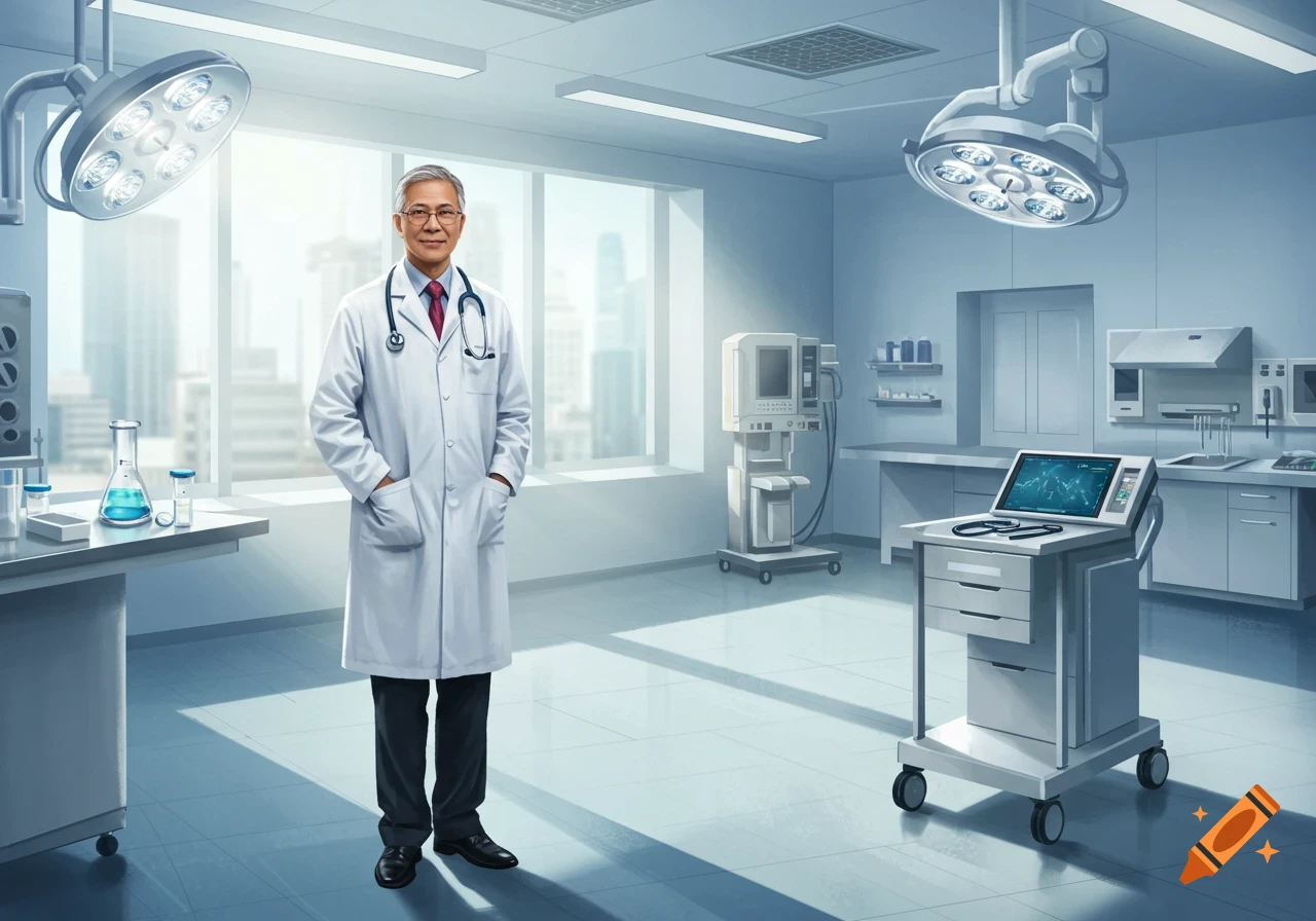 A smiling male doctor in a white lab coat stands in a well-lit medical lab with equipment and large windows.