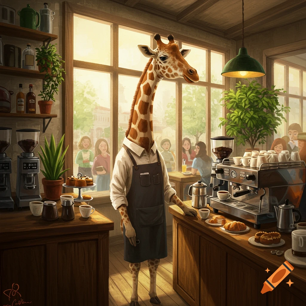 A giraffe wearing a barista apron stands behind a counter in a bustling coffee shop, preparing drinks.