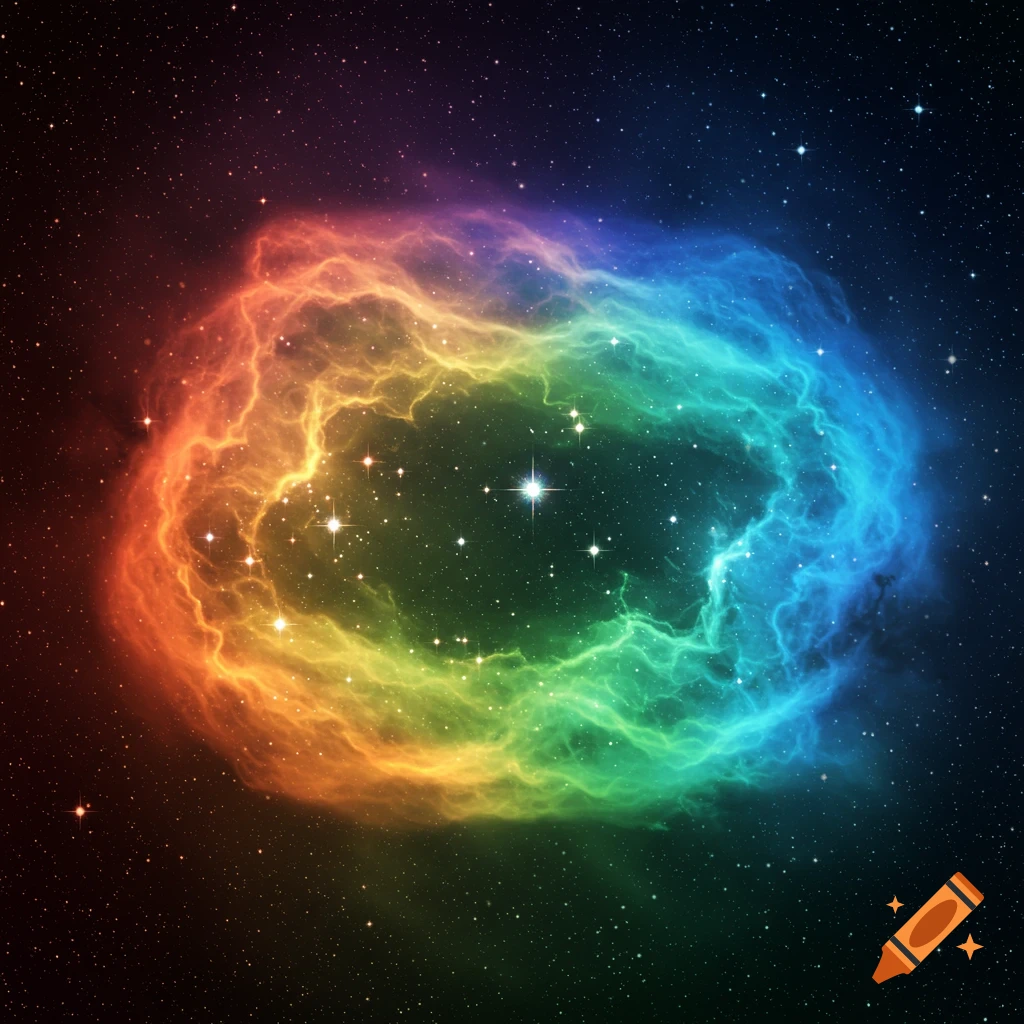 A vibrant rainbow-colored nebula set against a dark, starry cosmic background.