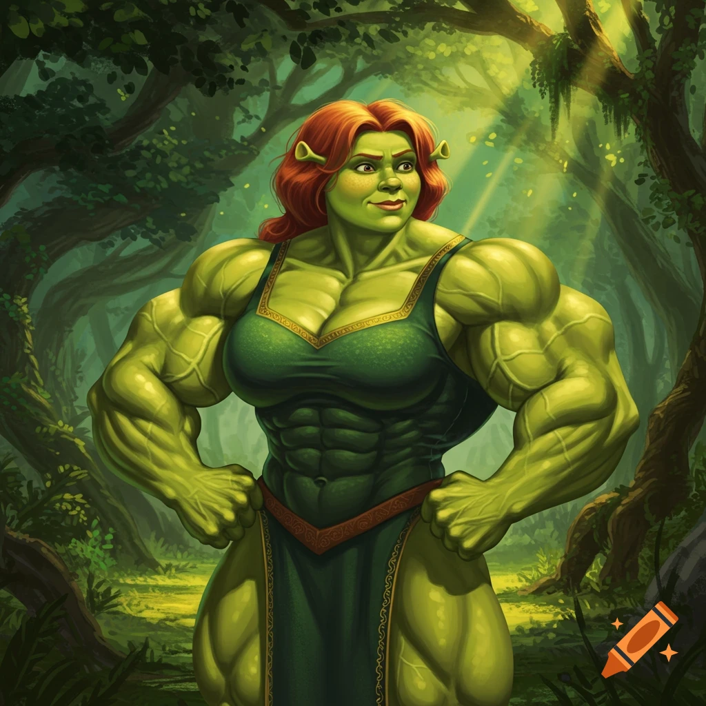 Muscular Fiona, an ogre woman with red hair, stands confidently in a sunlit forest in this detailed digital painting.