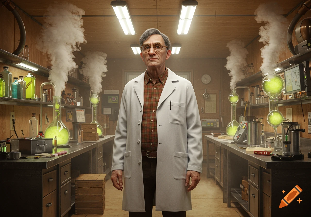 A photorealistic portrait of an older man in a lab coat and glasses standing in a smoke-filled laboratory filled with glowing beakers and equipment.