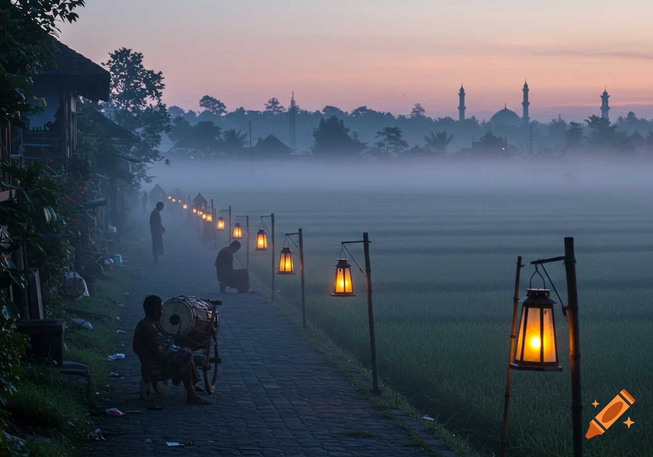 A misty morning scene in a rural landscape with people on a path lined with glowing lanterns, leading towards distant mosques and a rice field.