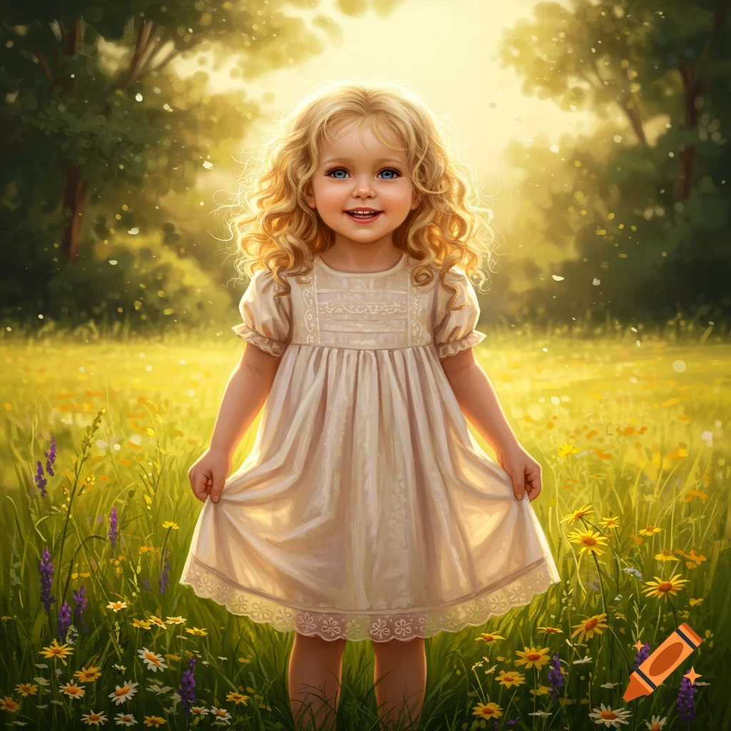 A happy blonde girl with blue eyes stands smiling in a sun-drenched field of yellow, white, and purple wildflowers.