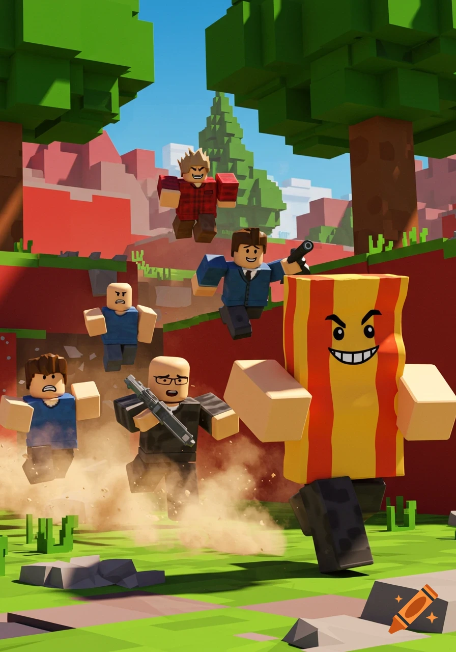 Roblox 'noob' characters chase a bacon-striped character through a blocky, voxel-style landscape.