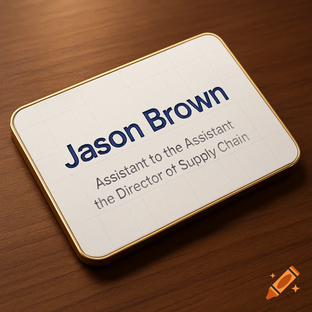 A business card with 'Jason Brown' and 'Assistant to the Assistant the Director of Supply Chain' printed on it, lying on a wooden desk.