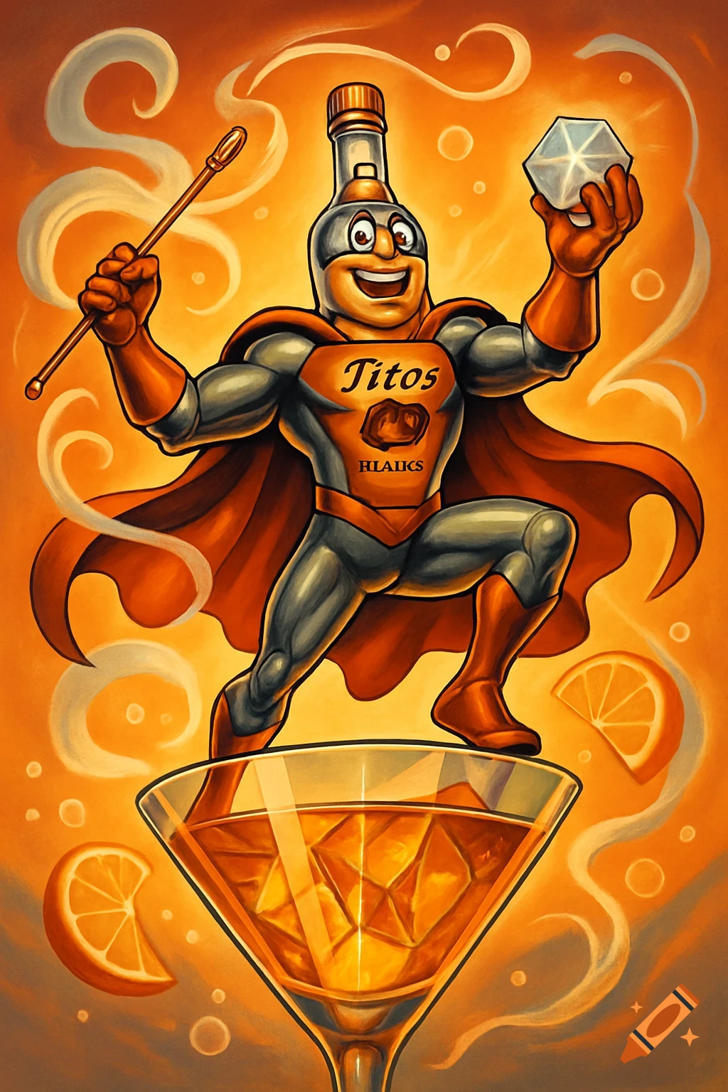 Cartoon superhero bottle mascot on a martini glass, holding a stir stick and crystal, with orange slices and a vibrant orange background.