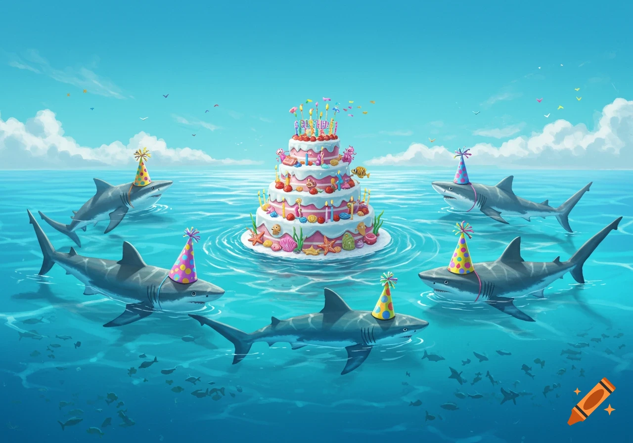 Cartoon sharks wearing party hats circle a large birthday cake floating in a bright blue ocean.