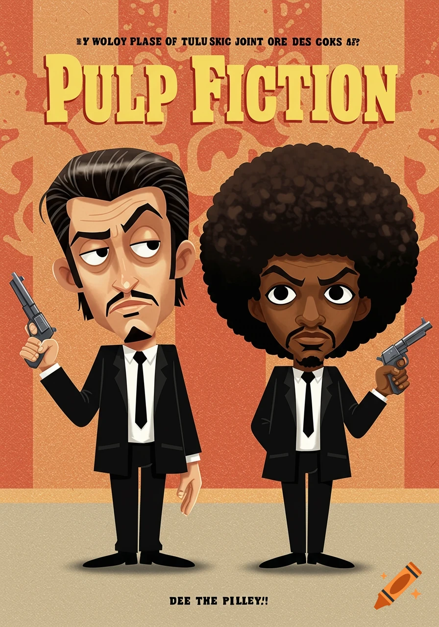 Cartoon-style movie poster for Pulp Fiction, featuring two men in suits holding pistols, stylized like a children's book cover.