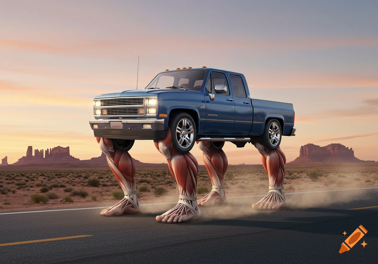 A blue pickup truck with muscular human legs instead of wheels runs on a desert road at sunset with mesas in the background.