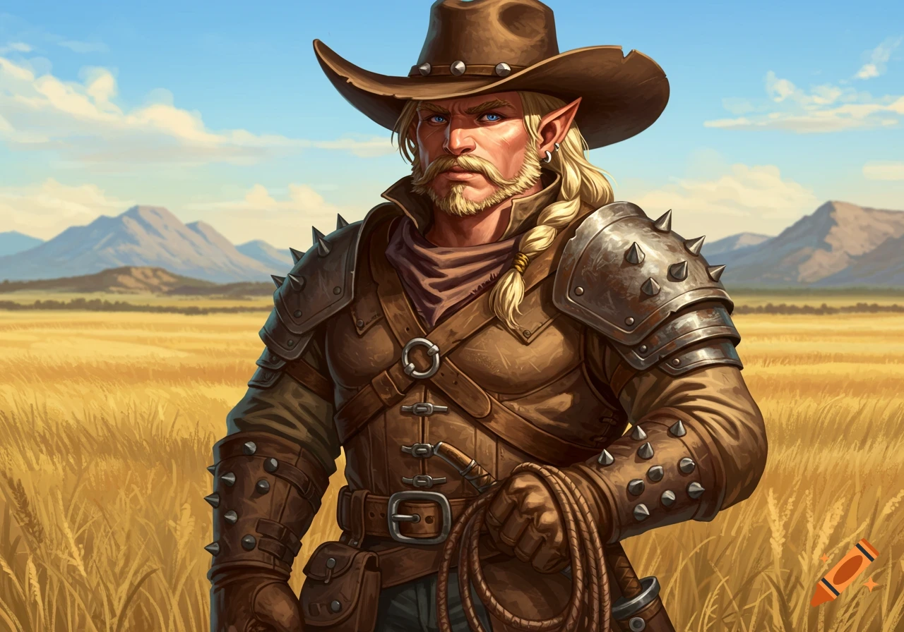 A masculine elf-like character with blonde hair, a beard, and a cowboy hat, wearing studded leather armor and holding a whip in a golden field with mountains in the background.