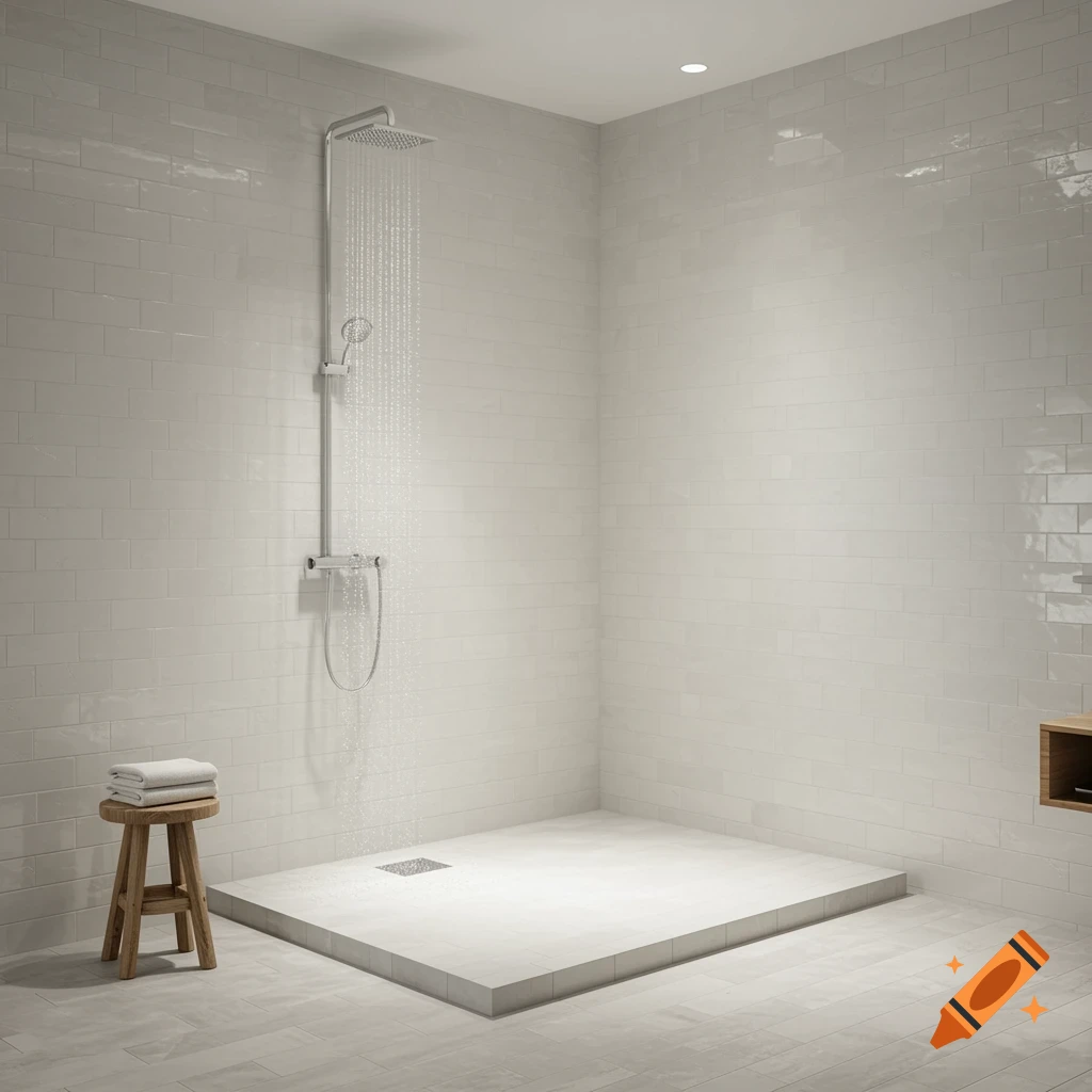 Photorealistic image of a modern shower with white tiled walls, a raised shower tray, a large shower head, and a wooden stool with towels.