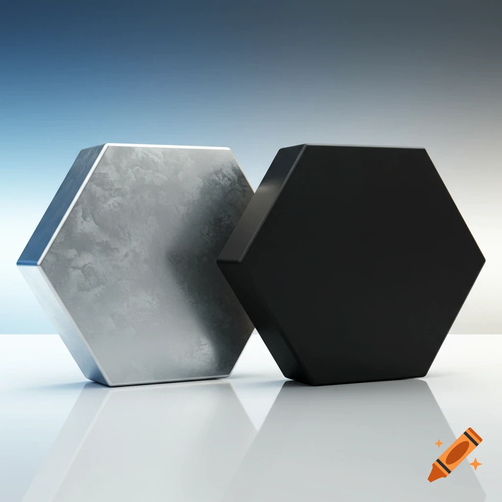 Two photorealistic hexagons, one silver and one black, stand side by side on a reflective white surface against a blue gradient background.
