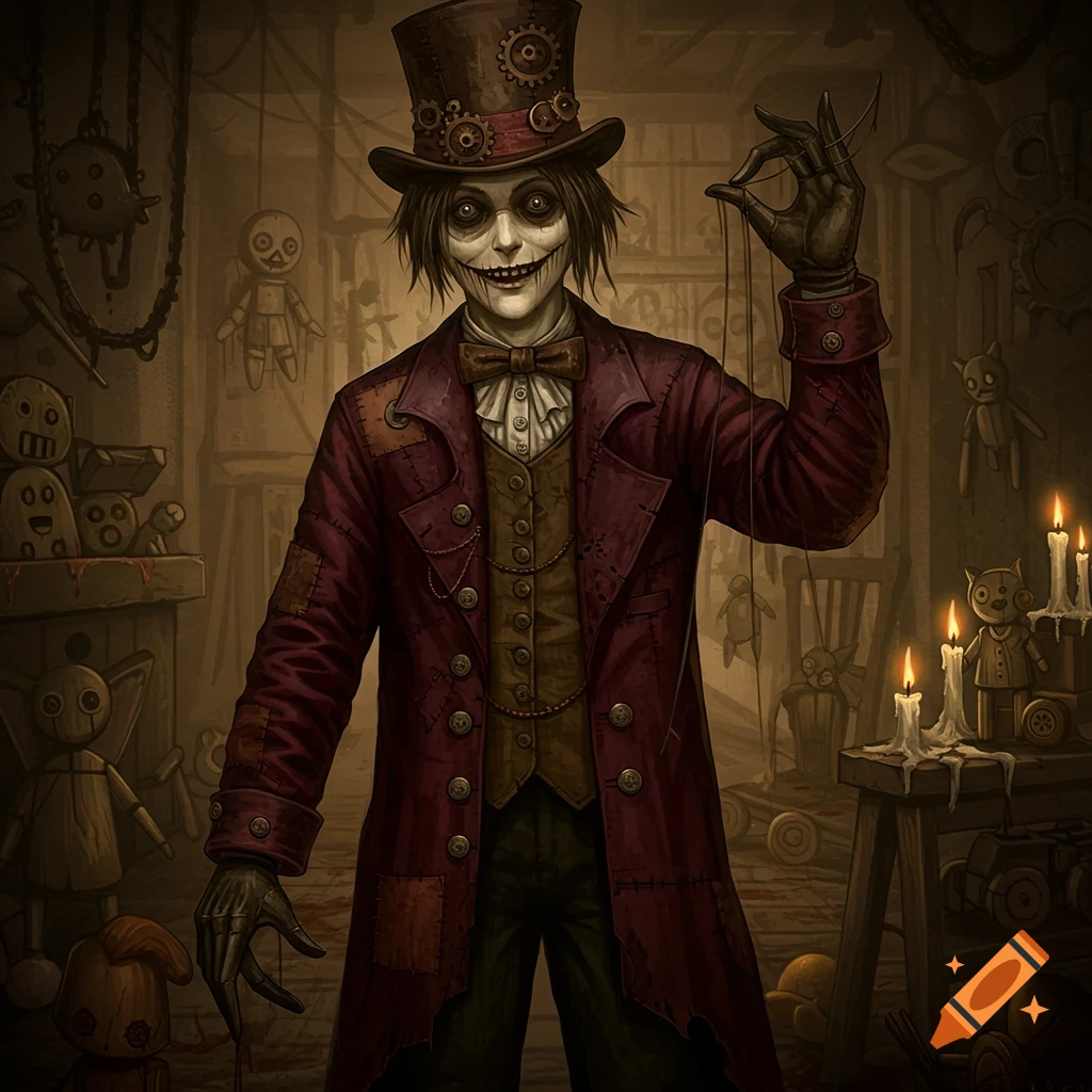 A creepy puppeteer with a stitched face and wide smile, wearing a top hat and a patched red coat, holding strings. Eerie dolls and lit candles are in the background.