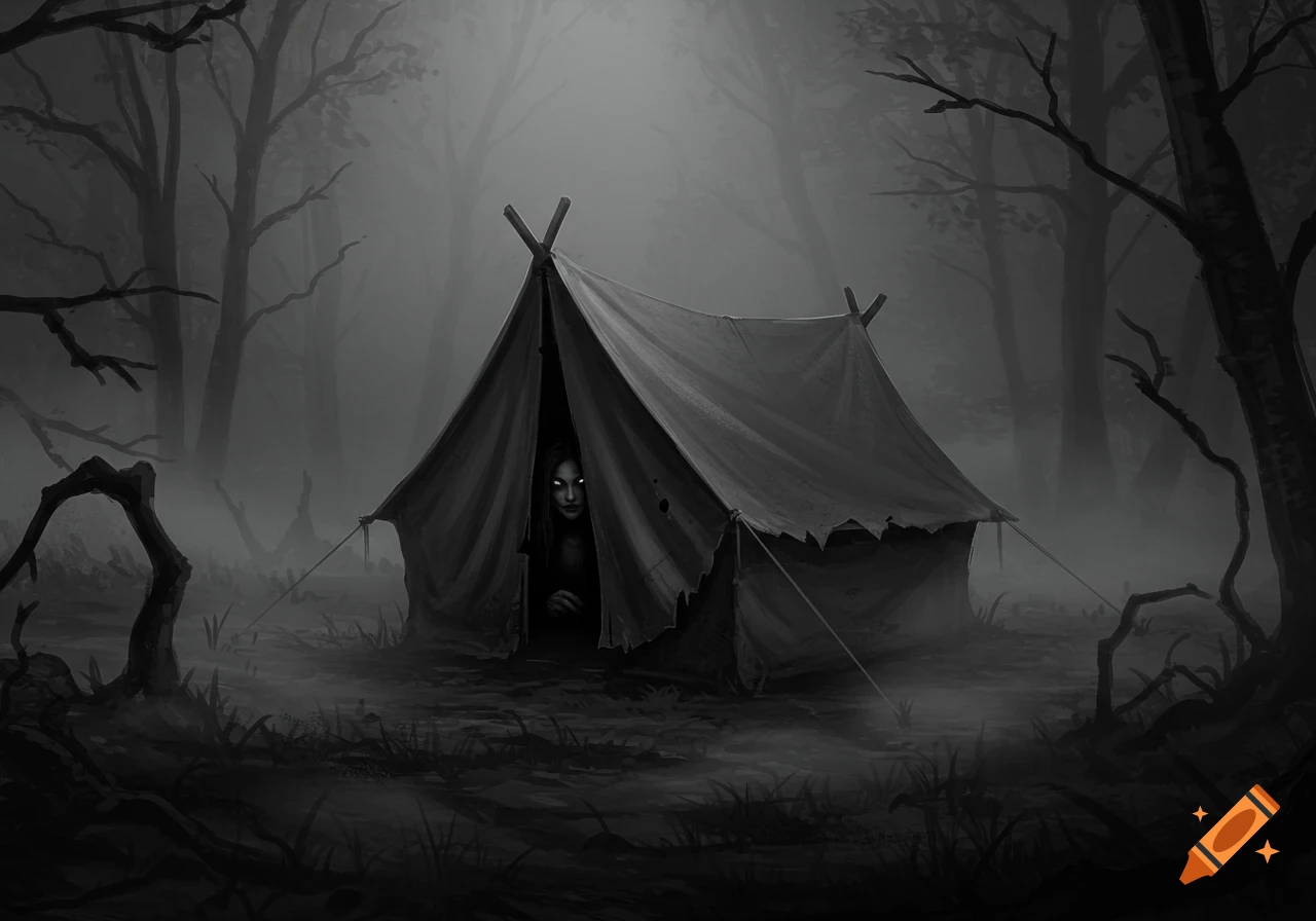 A creepy figure with glowing eyes peeks from a dilapidated tent in a dark, foggy, grayscale forest.