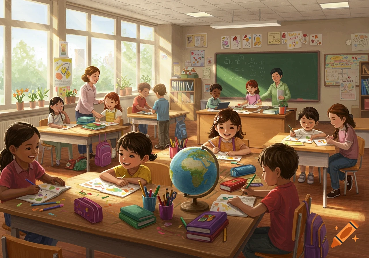 A vibrant illustration of a diverse group of children learning in a sunlit classroom, engaged in drawing and studying at their desks with a teacher assisting.