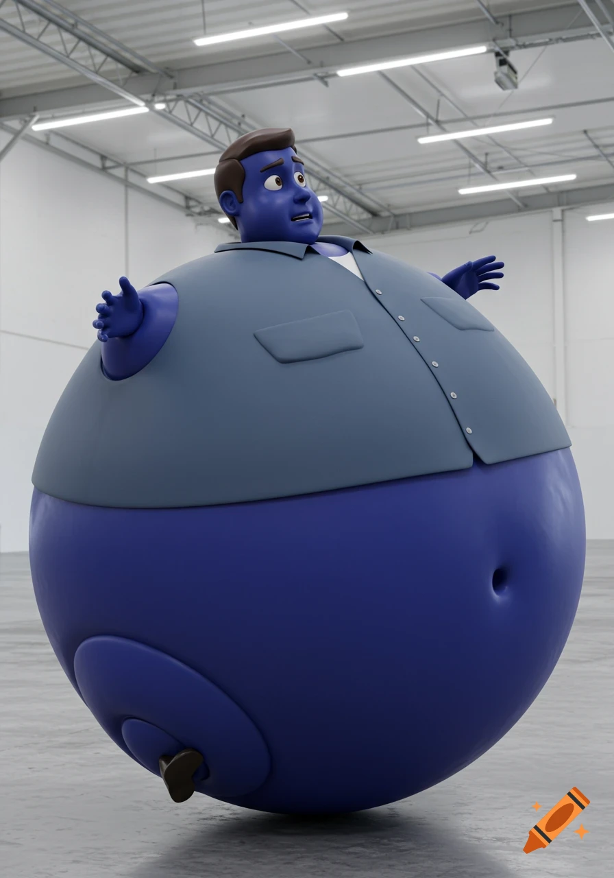 A 3D rendering of a man with blue skin inflating into a gigantic blueberry in a white warehouse.