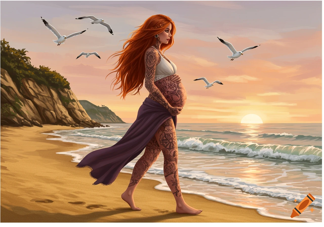Illustrated pregnant redhead woman with tattoos walks on a beach at sunset with seagulls.