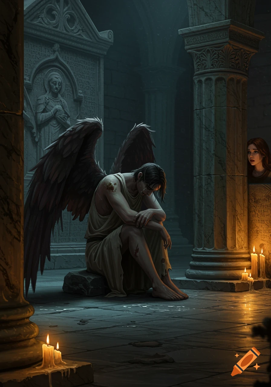 A somber male fallen angel with dark wings sits wounded in a candlelit mausoleum, watched by a young woman peeking from behind a pillar.