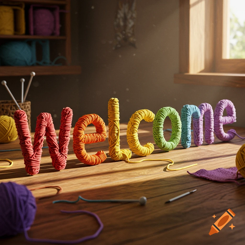 Colorful yarn letters spelling 'welcome' on a wooden floor with knitting needles and yarn balls, photorealistic.