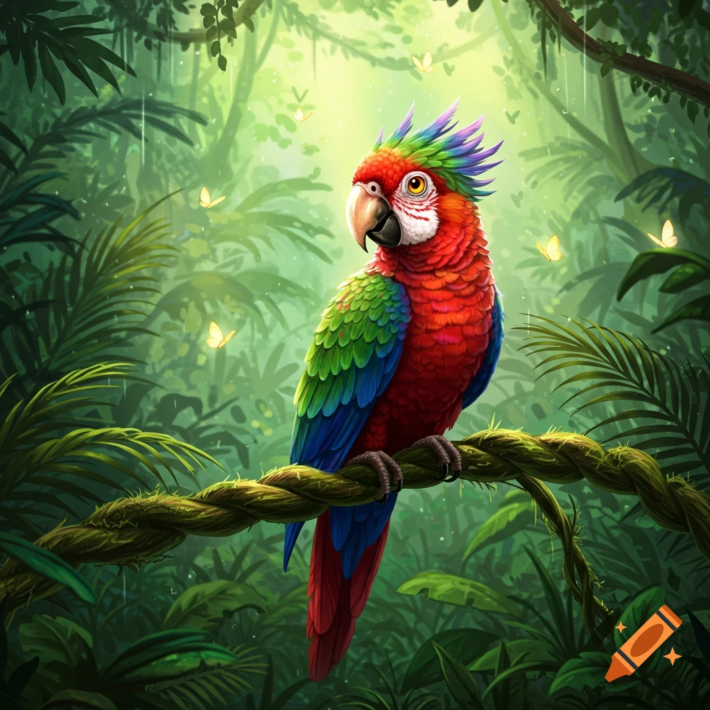 A vibrant, colorful parrot with a rainbow crest perches on a vine in a lush, green jungle with light filtering through the trees and butterflies.