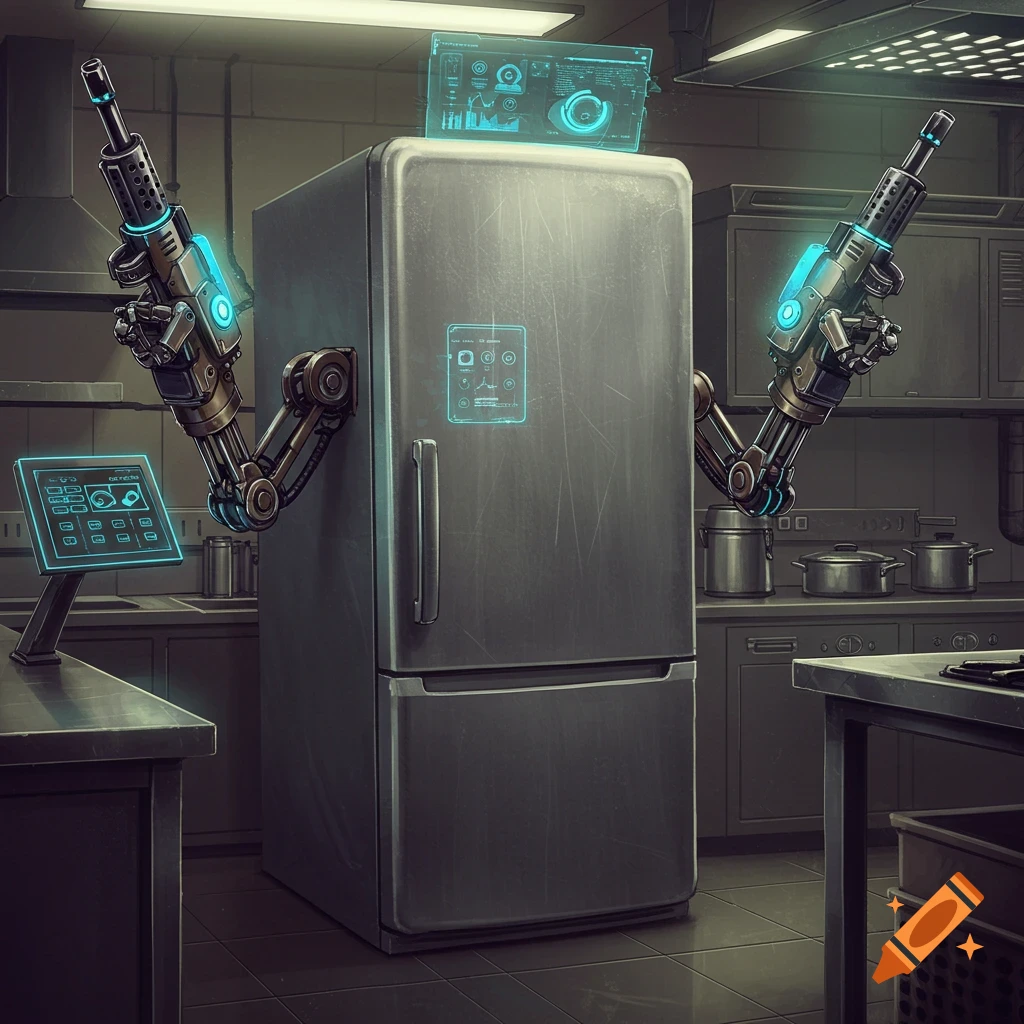 A robotic refrigerator with gun arms stands in a futuristic kitchen with holographic displays, in a sci-fi art style.