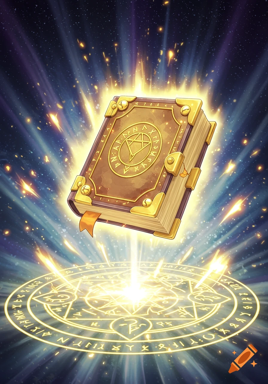 A magical book with gold runes floats above a glowing arcane circle, depicted in a vibrant Yu-Gi-Oh! card artwork style.