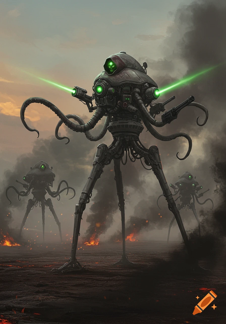 Three large, dark metallic tripod war machines with glowing green eyes and laser beams stand in a smoky, burning wasteland under a cloudy sky. Photorealistic.
