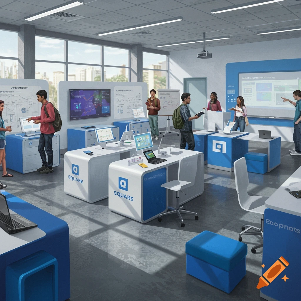 A modern, bright entrepreneurial learning center with students and teachers interacting with computers and displays, branded with the Square logo.