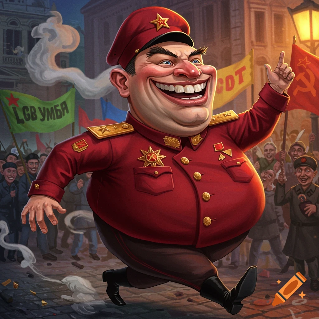 A grinning, stout cartoon communist leader in a red uniform and cap, runs with smoke trails behind him, with cheering crowds and banners in the background. Stylized illustration.