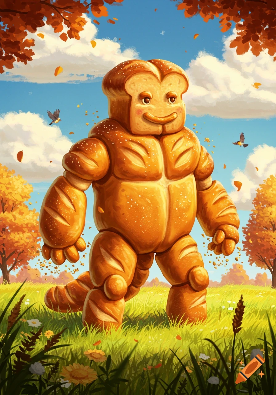 A smiling, muscular humanoid character made of bread stands in a grassy autumn field with falling leaves and birds.