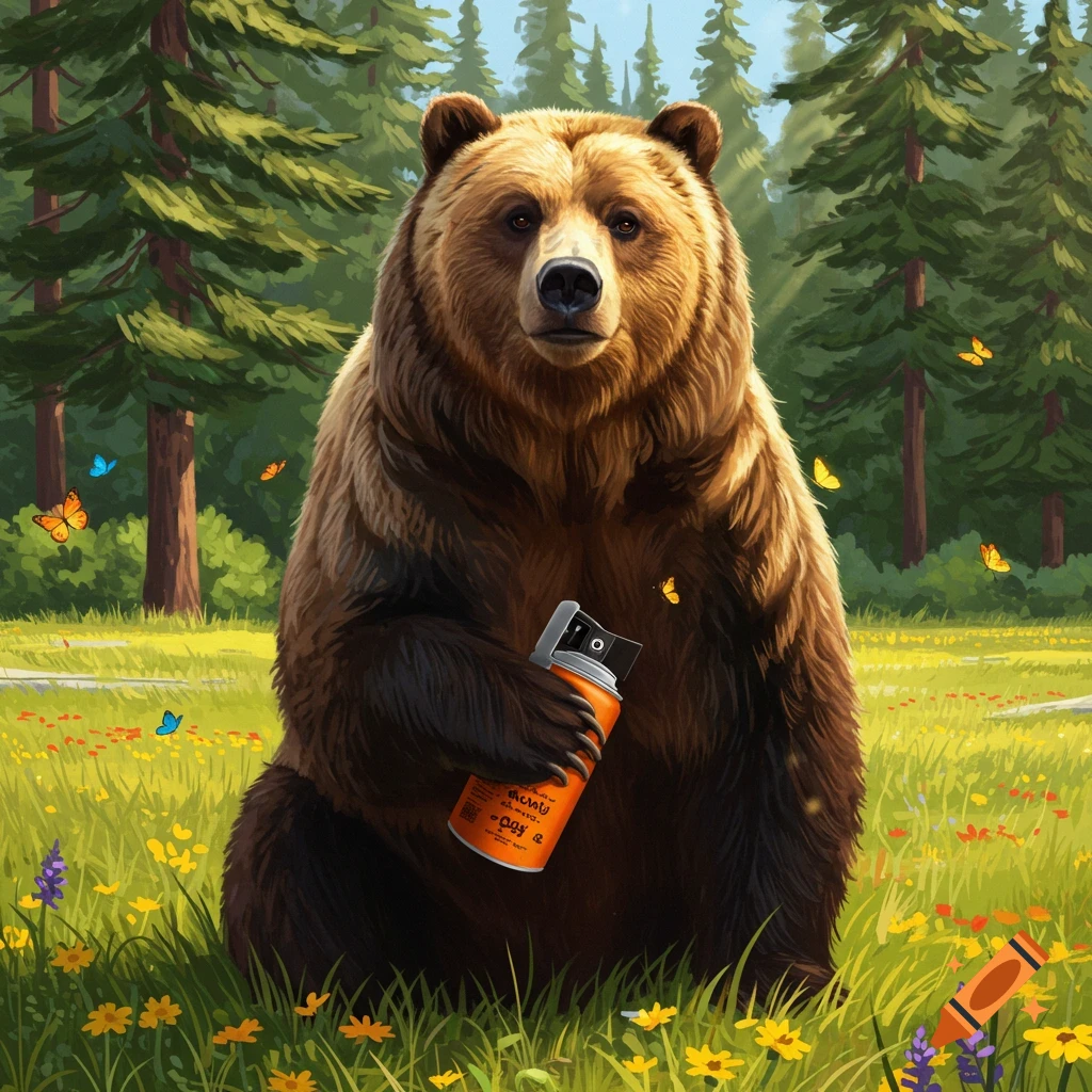 A brown bear sits in a grassy forest clearing, holding an orange canister of bear spray.