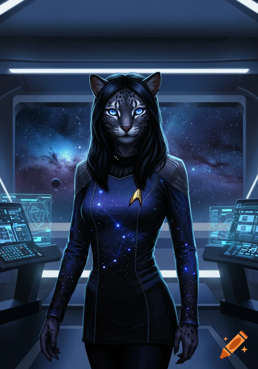 A female anthropomorphic cat in a Starfleet uniform adorned with constellations stands on a spaceship bridge, gazing at a starry space view.