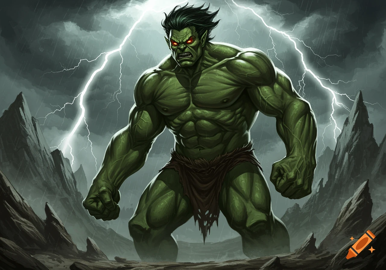 A muscular green man with red eyes and black hair stands in a stormy, rocky landscape with lightning.