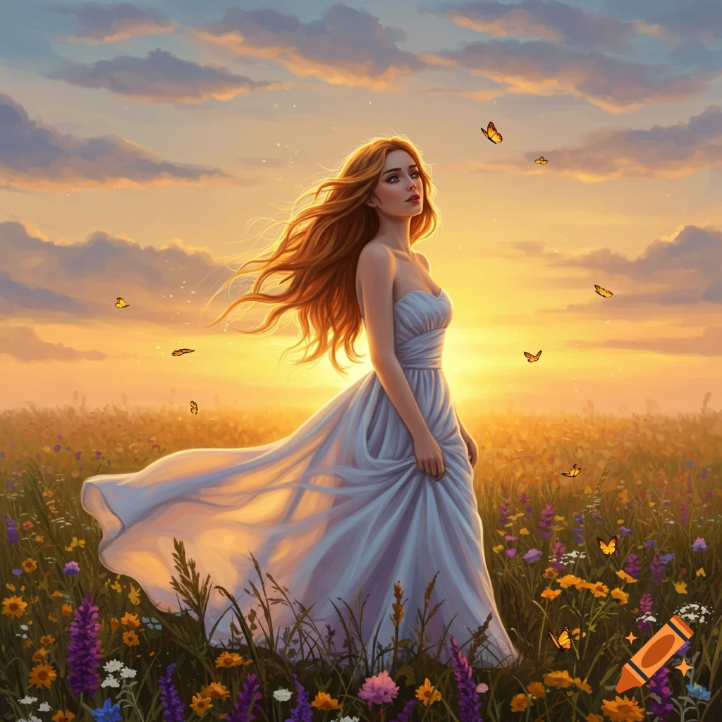 A long-haired woman in a flowing white dress stands in a field of wildflowers and butterflies at sunset, painterly style.