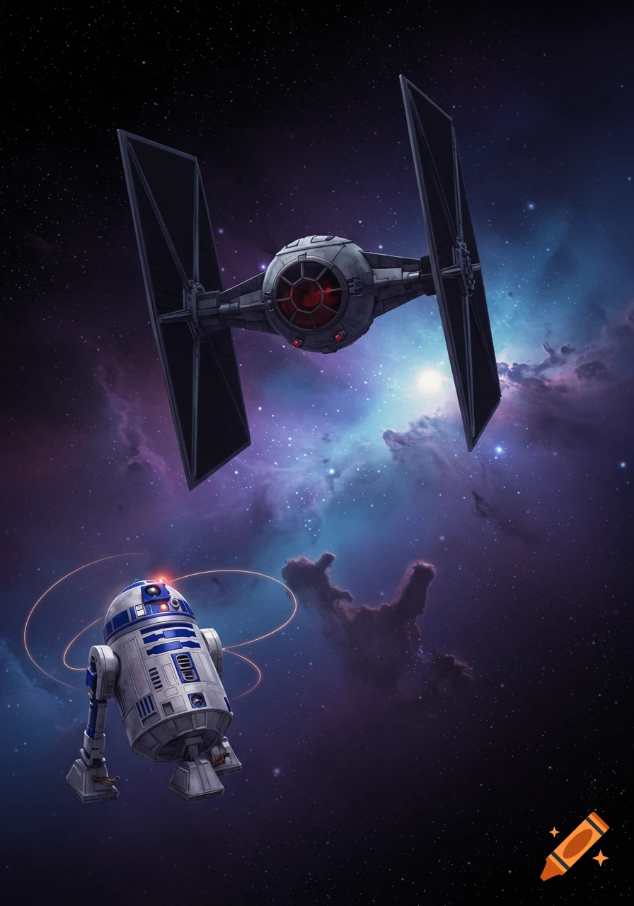 A TIE Fighter hovers above R2-D2 in space with a bright nebula and stars in the background.