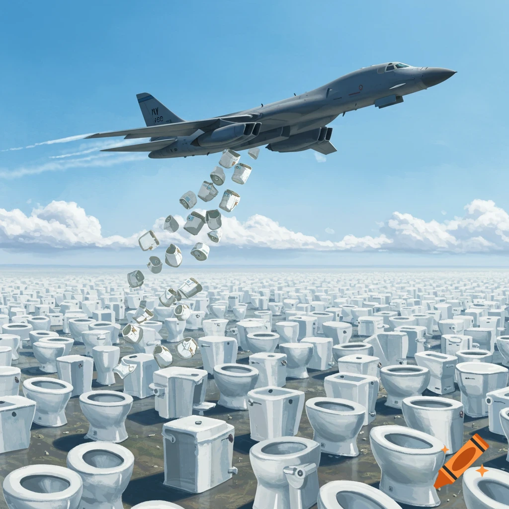 A B1 bomber drops toilets onto a vast landscape filled with countless toilets under a blue sky.