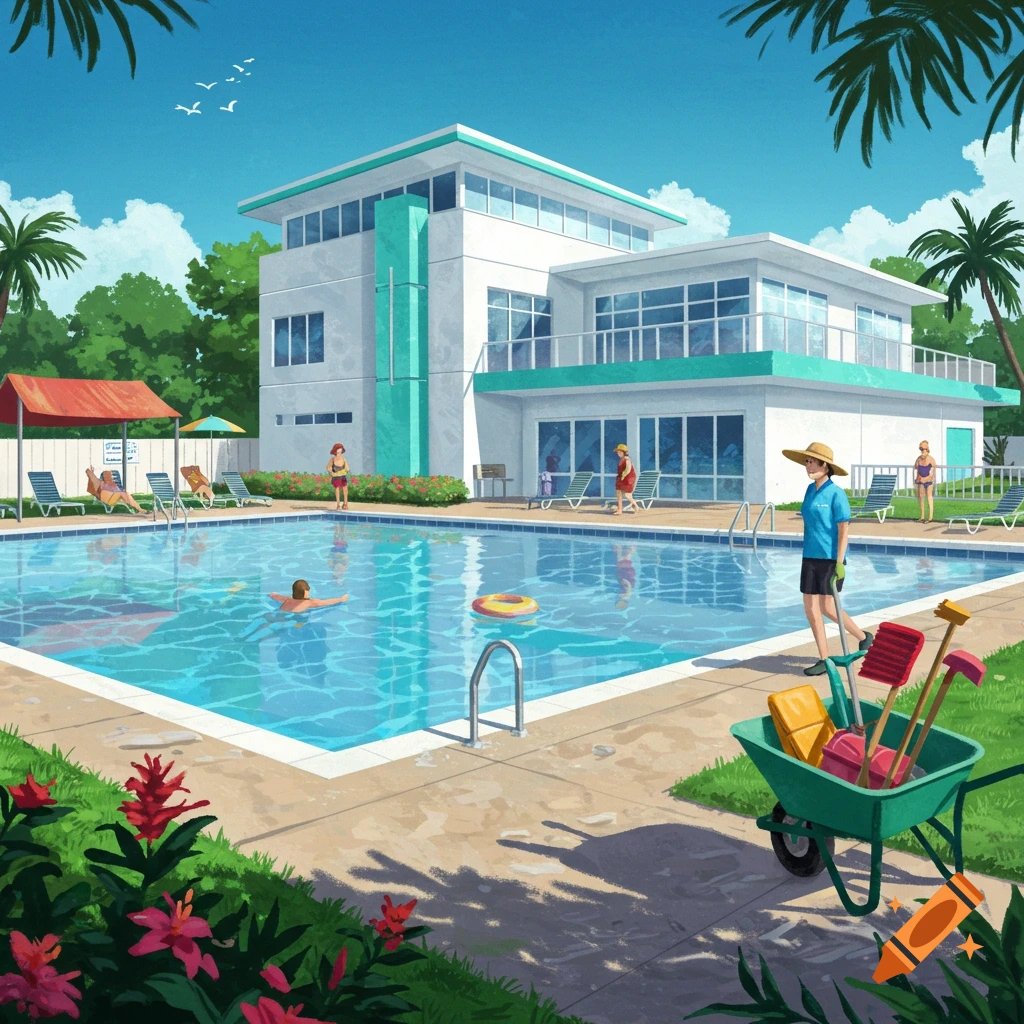 A stylized illustration of a modern swim club building with a large swimming pool, people swimming and relaxing, and a grounds volunteer with a wheelbarrow.