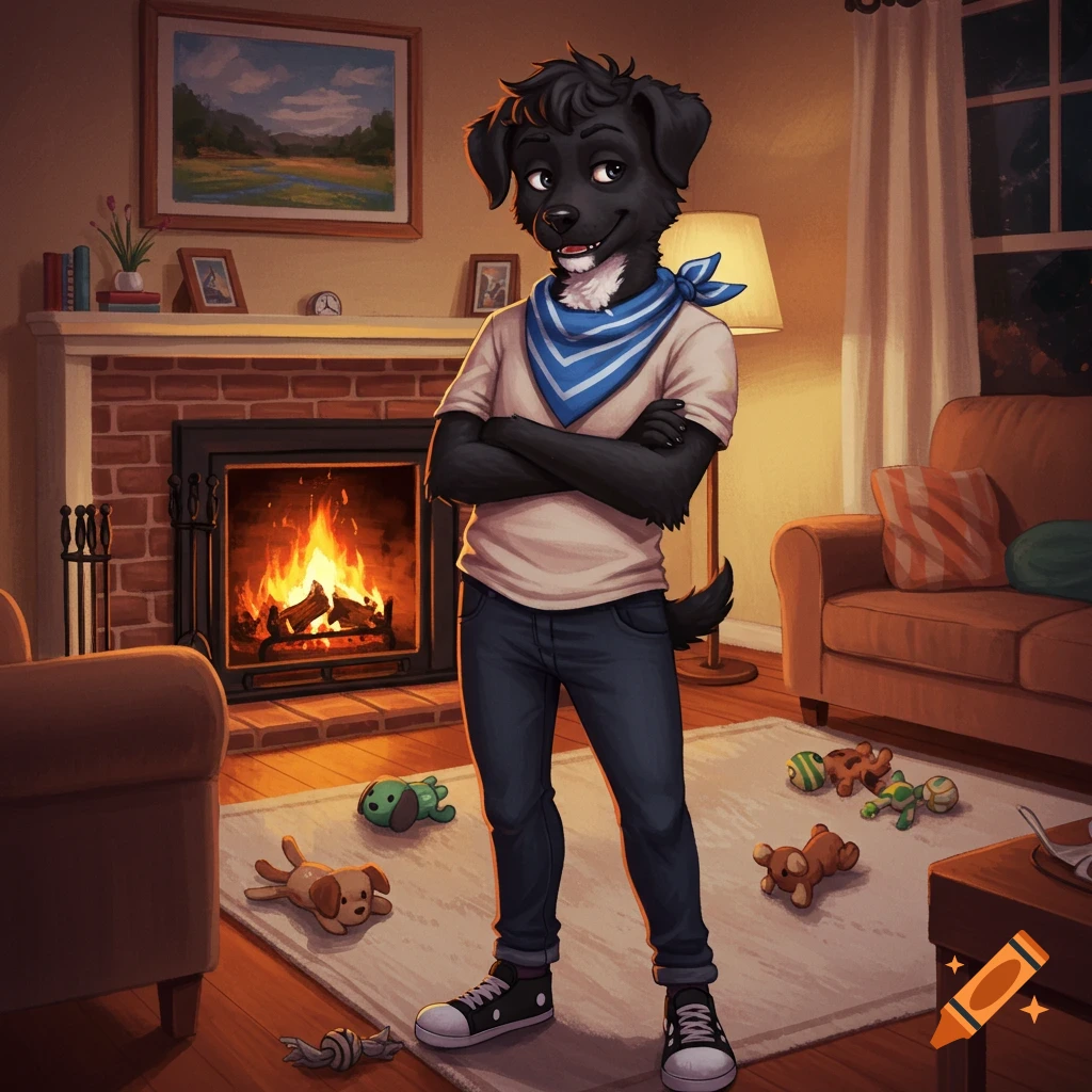 A black dog-like furry character with a blue bandana and jeans stands with arms crossed in a cozy living room with a fireplace and dog toys.