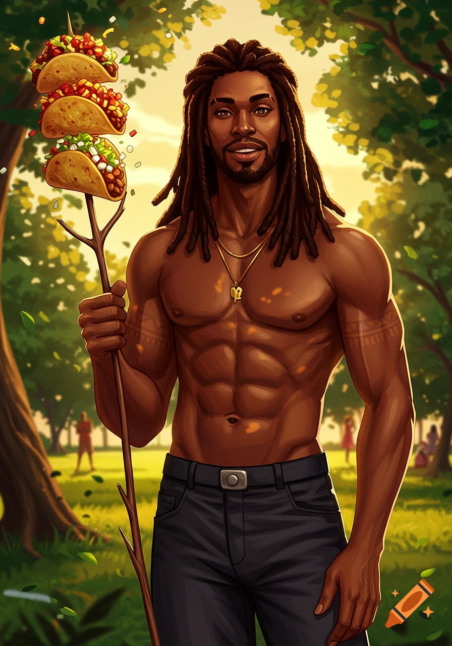 An illustrated portrait of a muscular Black man with dreadlocks, smiling and holding a stick with three tacos stacked on it in a sunny park.