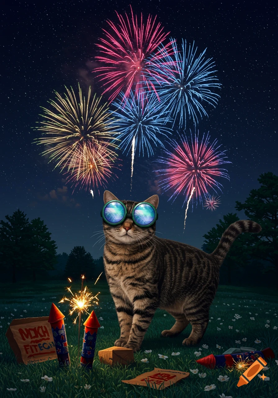 A tabby cat wearing green safety goggles stands in a field at night, surrounded by colorful fireworks exploding in the sky.