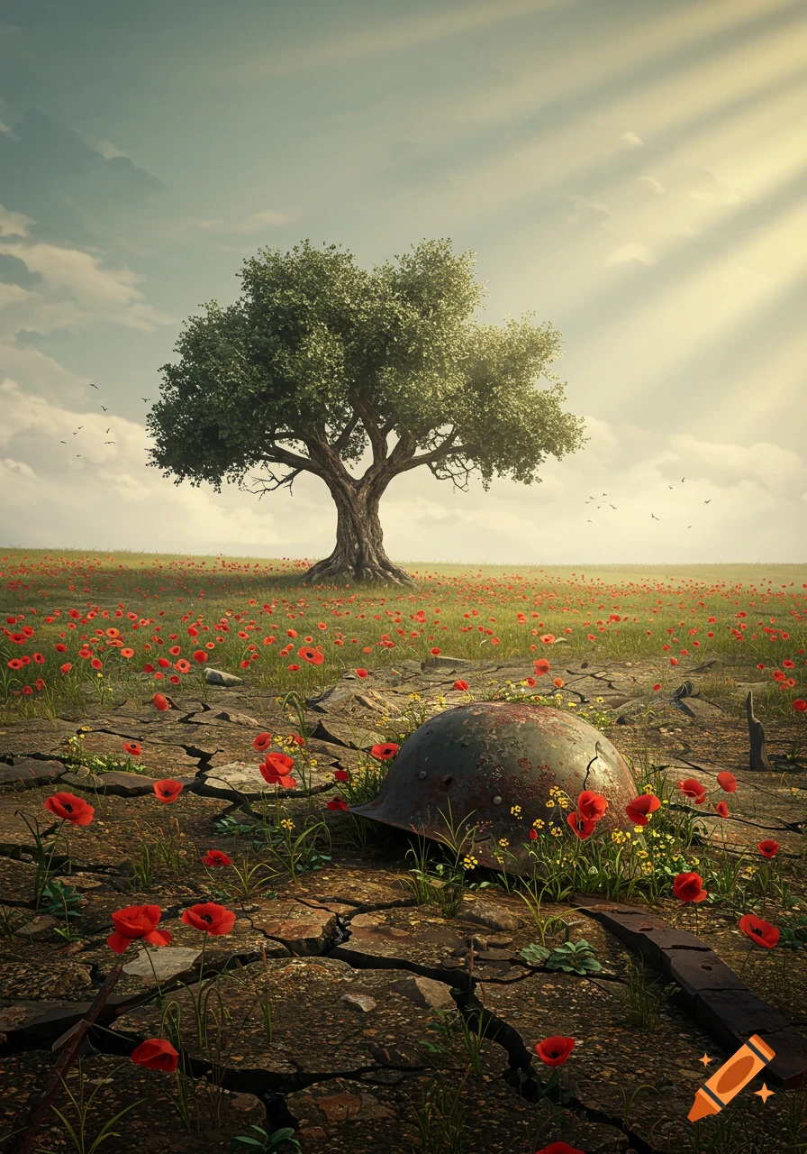 A lone tree stands in a field of red poppies and cracked earth, with a rusted war helmet in the foreground. Photorealistic.