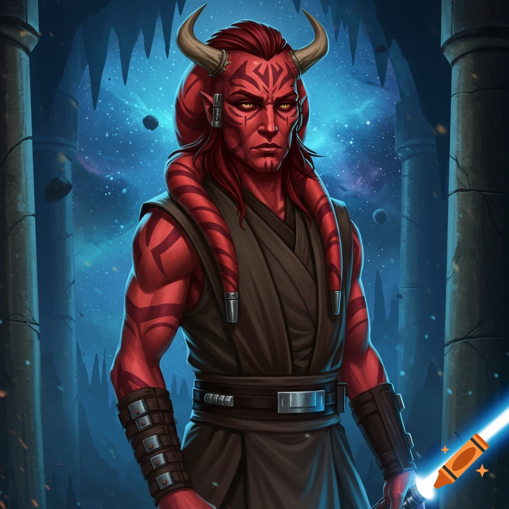 A red-skinned Zabrak-like character with horns and lekku, wearing dark robes, holds a glowing blue lightsaber in a cosmic cave.