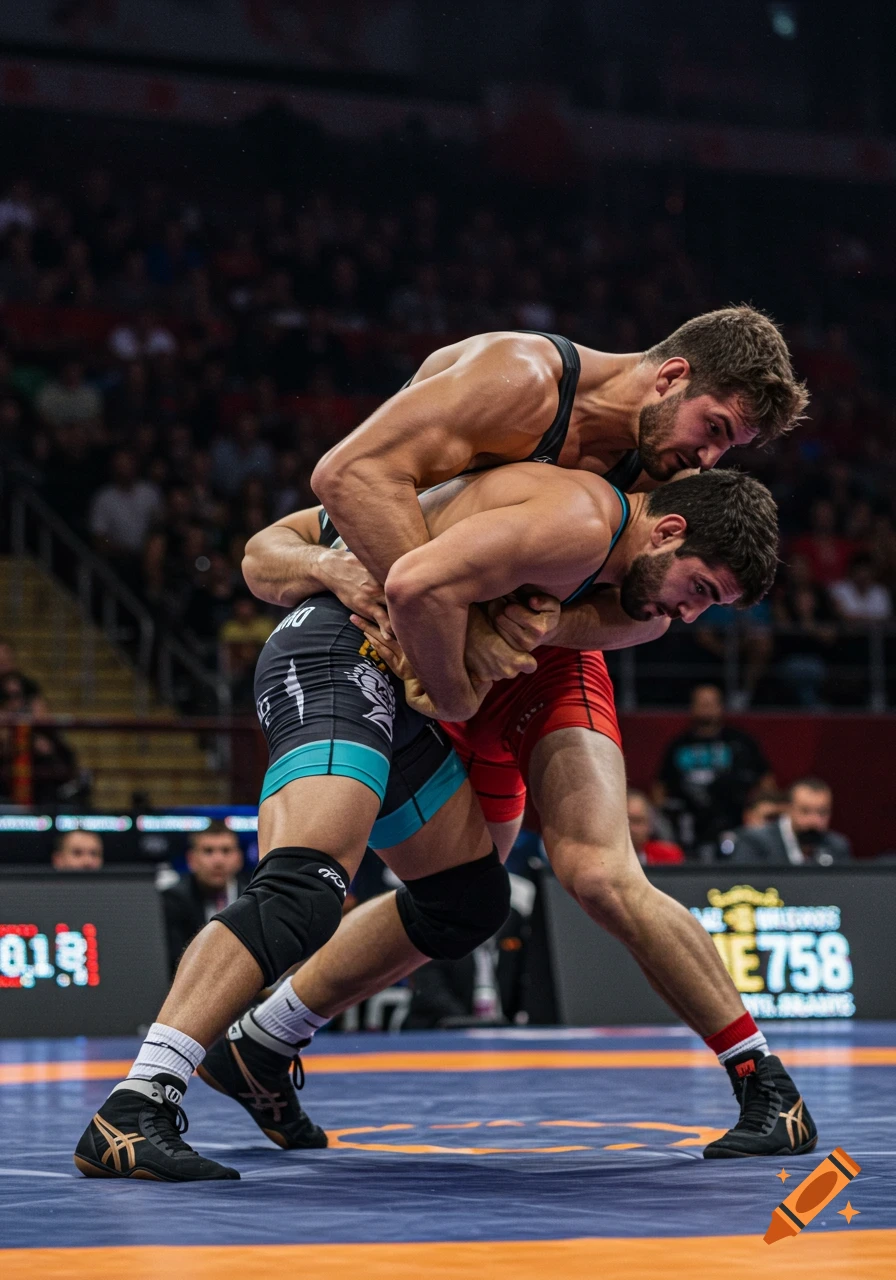 Two male wrestlers grapple on a blue mat in a brightly lit arena during a match, photorealistic.