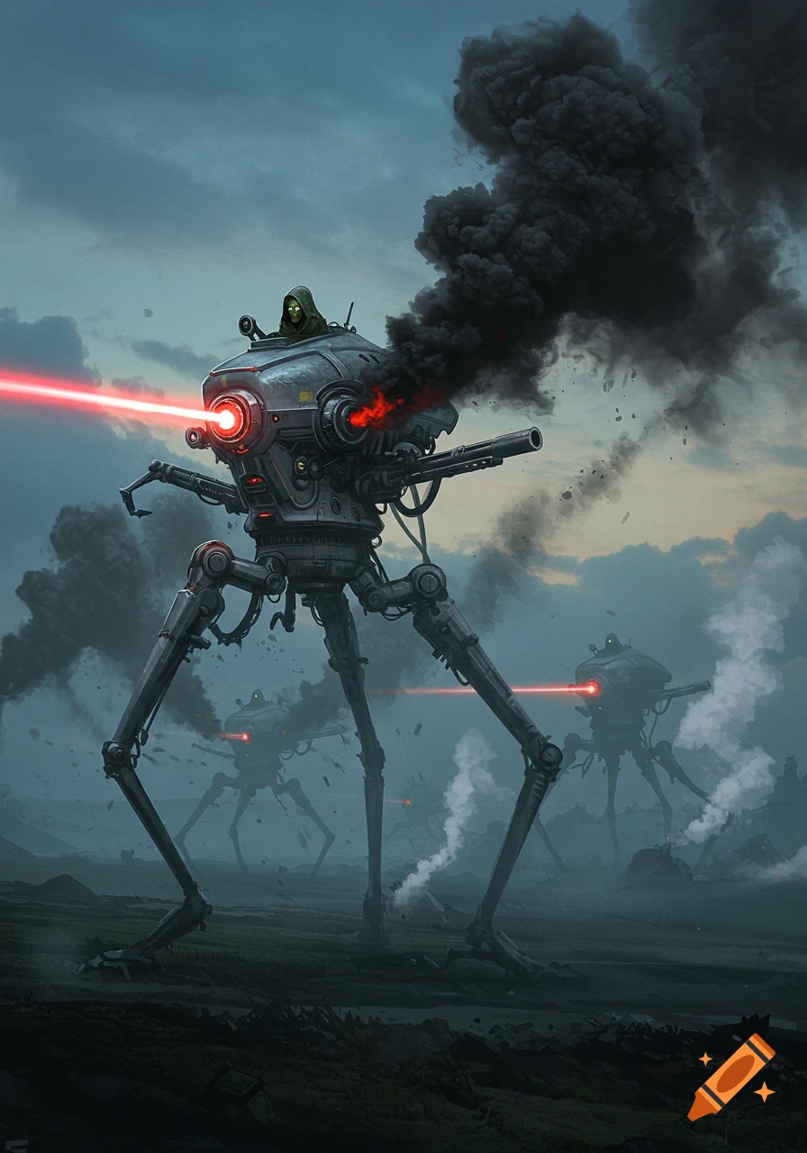 Large three-legged war machines with glowing red eyes fire lasers and emit black smoke across a desolate landscape under a cloudy sky.