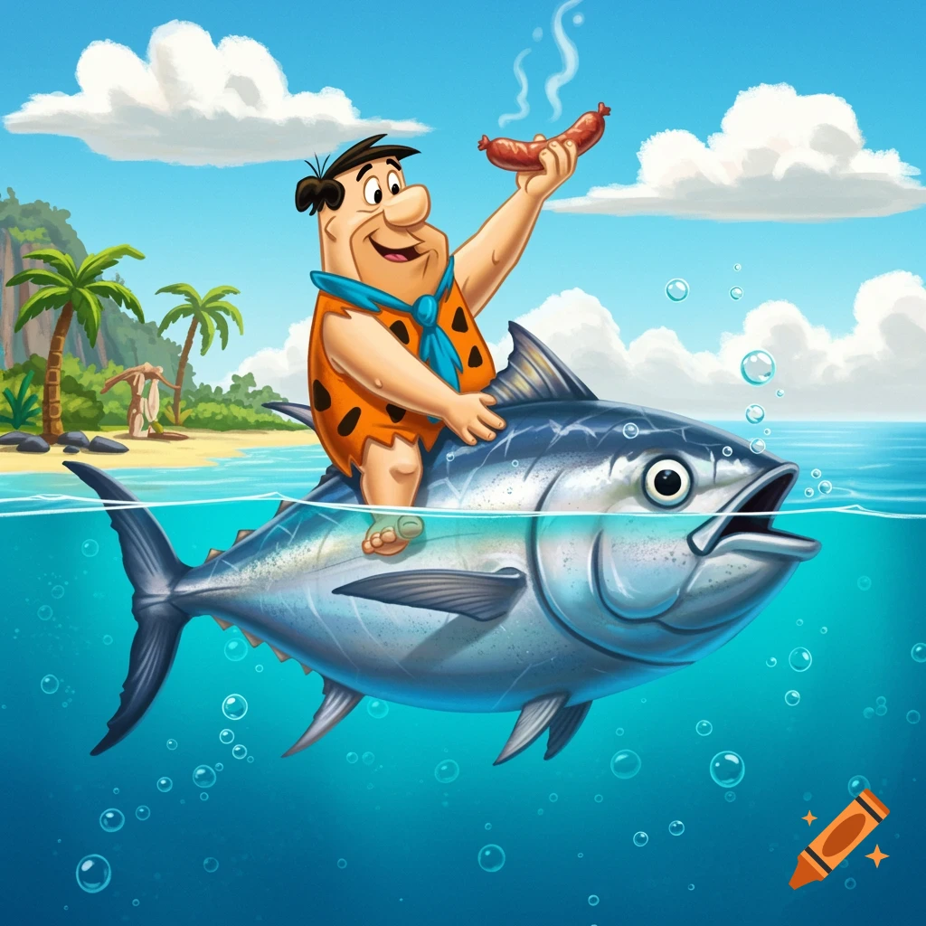 Cartoon Fred Flintstone rides a large tuna fish in the ocean, holding a steaming sausage with a beach and palm trees in the background.