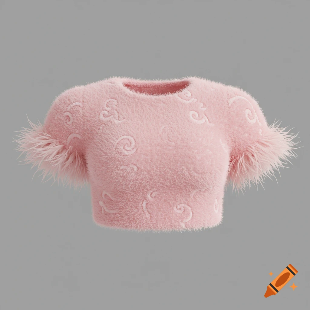 A pink fluffy short-sleeve top with feather details and subtle swirl patterns, set against a gray background.