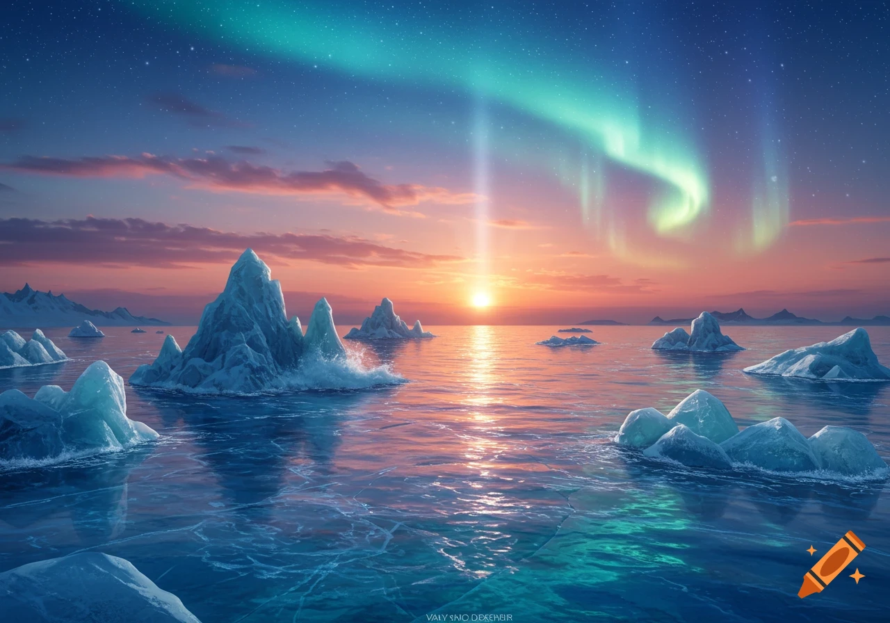 A breathtaking arctic landscape at sunset with vibrant aurora borealis over icy waters and large icebergs.