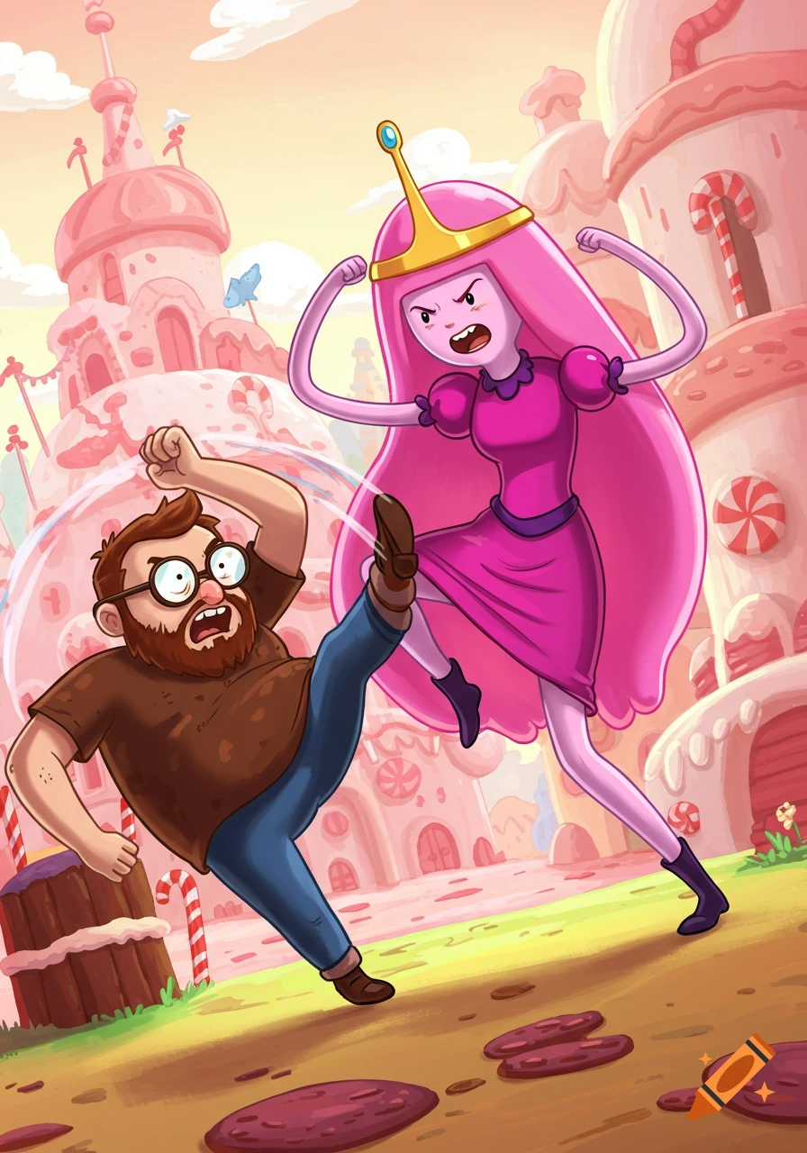 Princess Bubblegum kicks a bearded man in the Candy Kingdom, in a cartoon style.